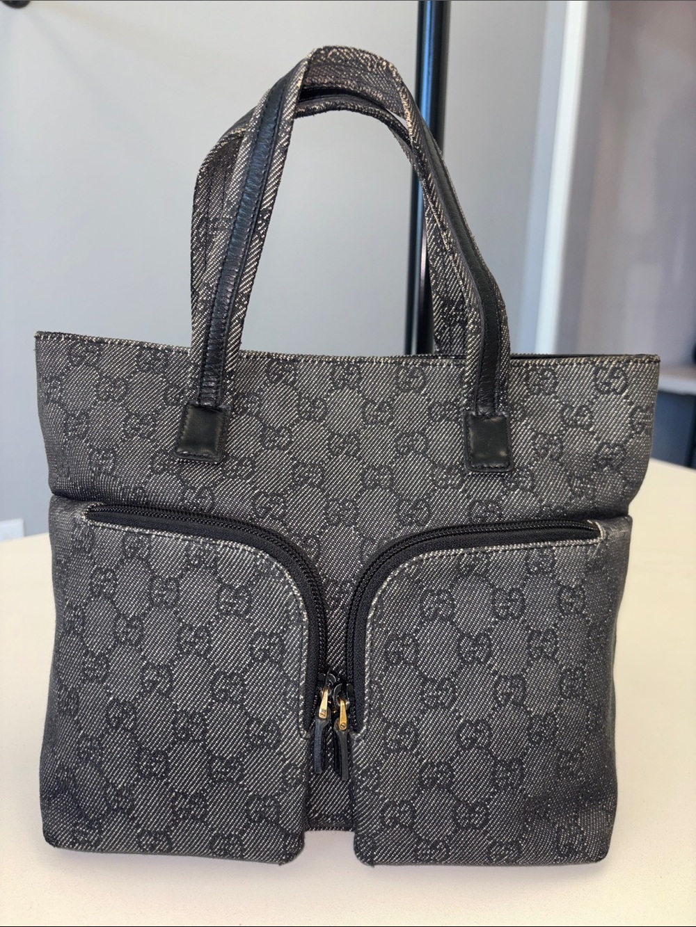 Gucci GG black small Denim Double Pocket top handle Tote